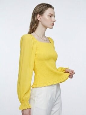 Ramy Brook Smocked Square Neck Blouse yellow with statement sleeves size small